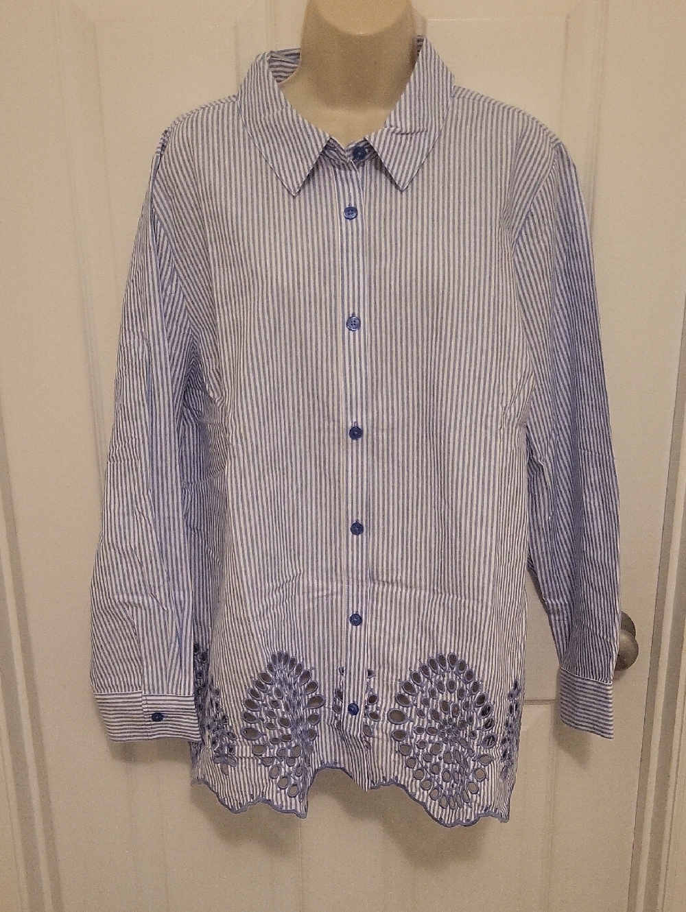 Joan Rivers Blue and White Striped Button-Down Shirt with Embroidered Hem